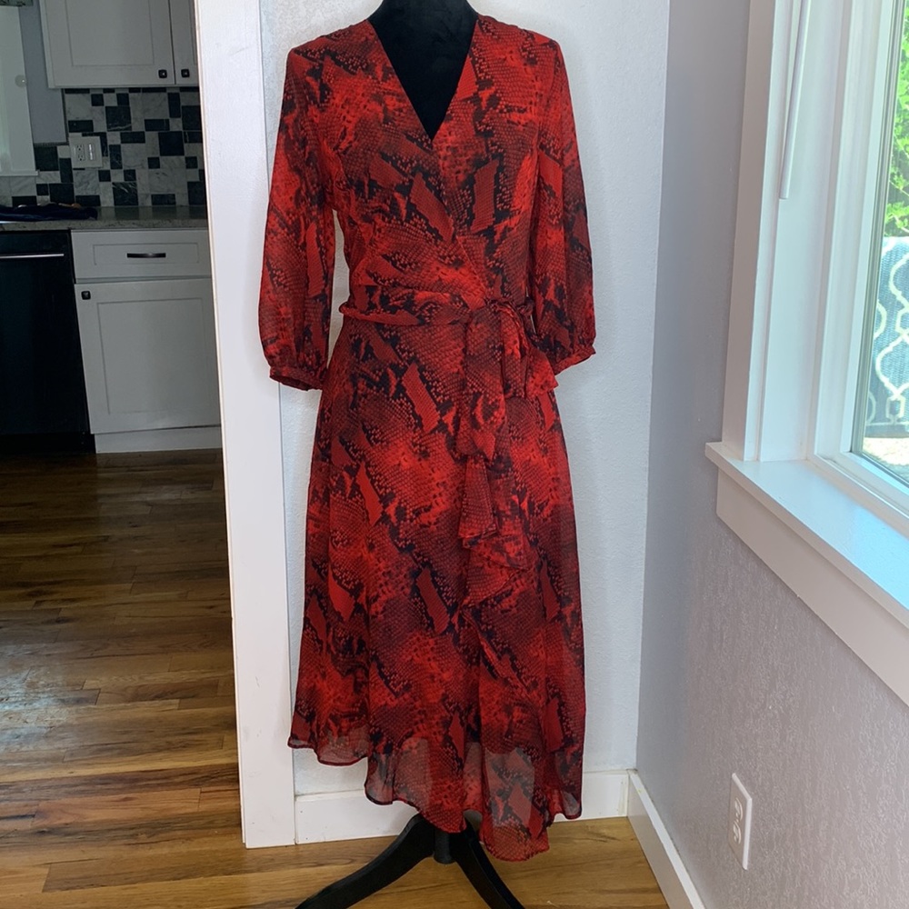Calvin Klein Red Black Dress lined snake print ruffle faux wrap zip closure